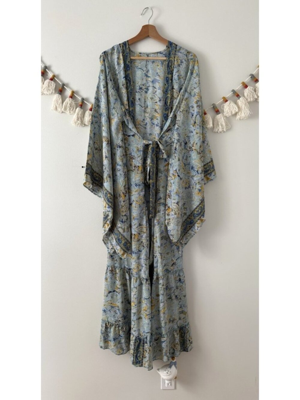 Silk Blend Paisley Tiered Ruffle Bell Sleeve Kimono Duster Longline Gypsy Beach